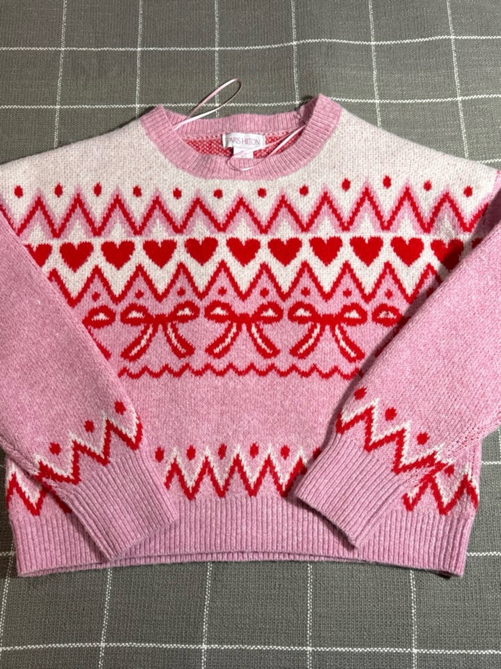 Paris Hilton Pink and Red Heart & Bow Fair Isle Crewneck Sweater